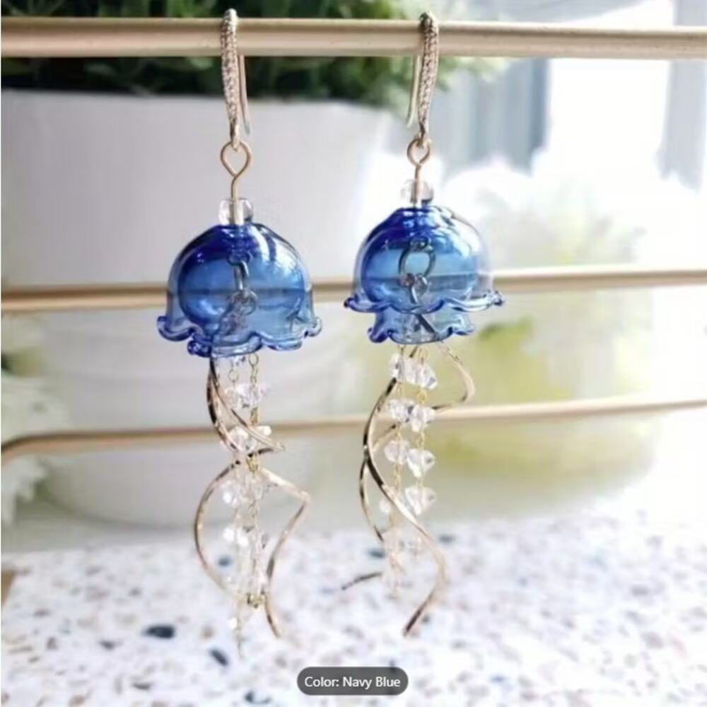 Navy Blue Jellyfish Glass Earrings – Nautical Sea Creature Dangles
